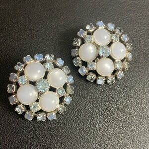 Midcentury Rhinestone Moonglow Earrings Clip Ons Silver Tone Blue Vintage